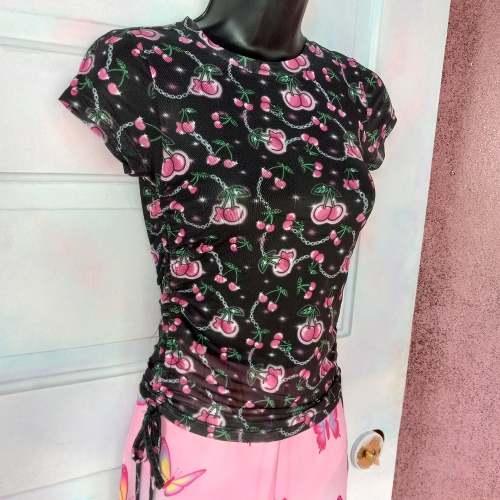 SOLD! Dolls Kill cherries ruched baby doll top! Sheer mesh kawaii cute nwt top! - Picture 8 of 13